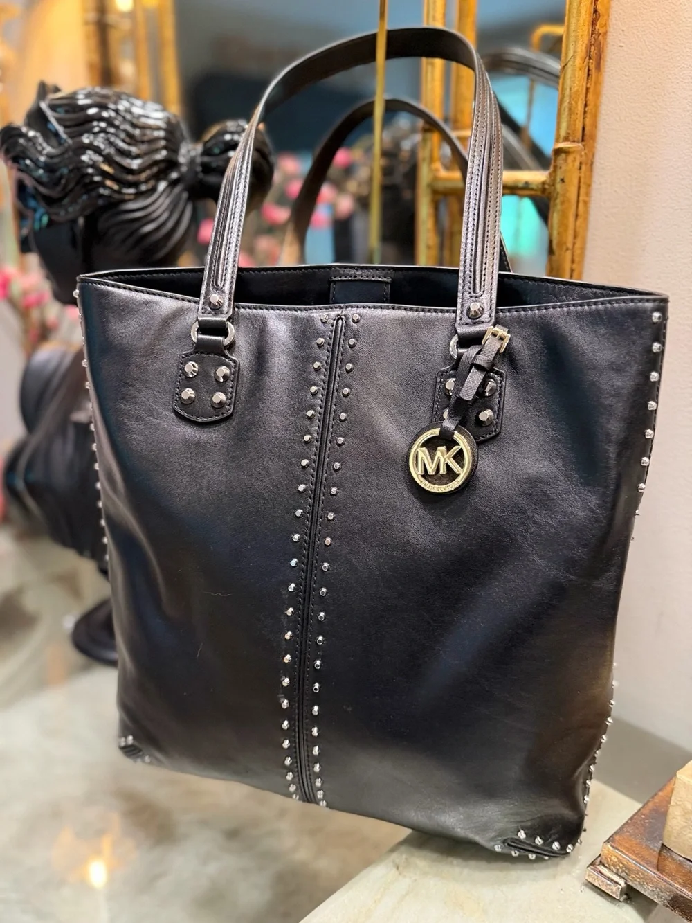 Michael Kors Black Leather Studded Chic Top Handle Tote NWOT